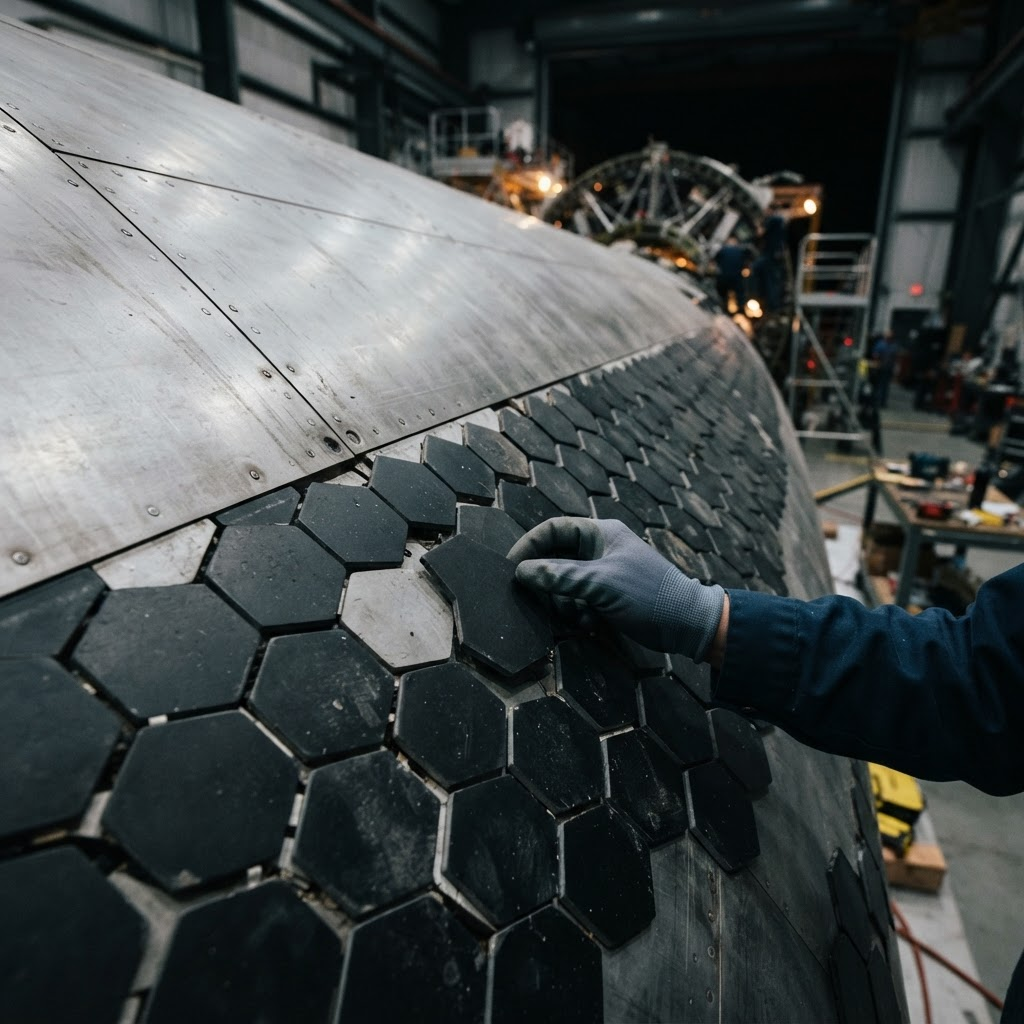 Close-up of thousands of small ceramic heat-shield tiles covering the belly of a stainless-steel spacecraft, inspected by a gloved hand