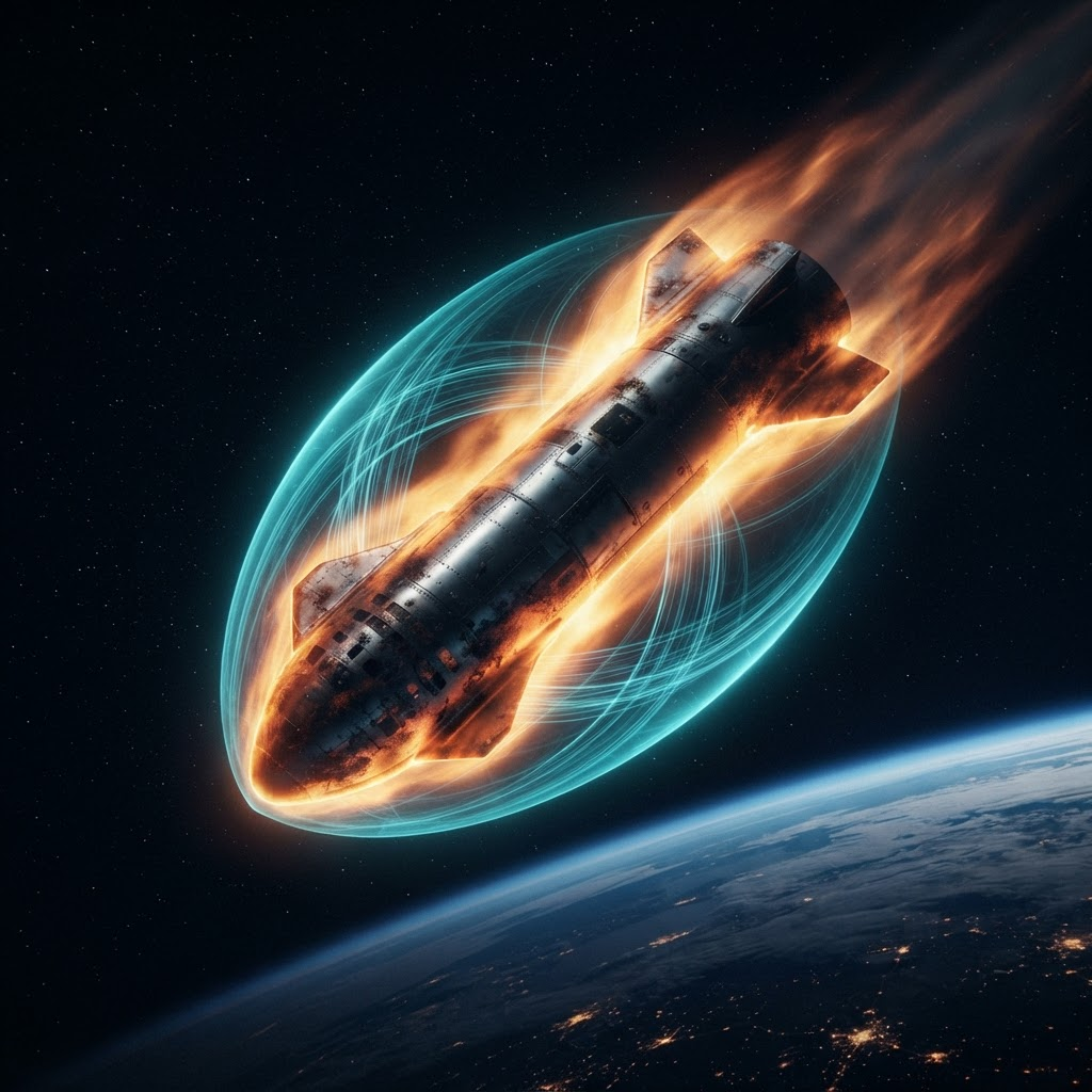 A Starship-class spacecraft during atmospheric reentry, wrapped in an amber plasma sheath deflected by a glowing cyan magnetic field