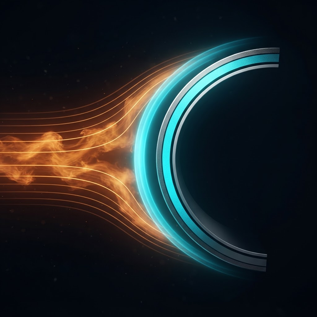 Cross-section diagram showing plasma flow being deflected away from a spacecraft hull by a glowing cyan magnetic field, layered over a metamaterial skin